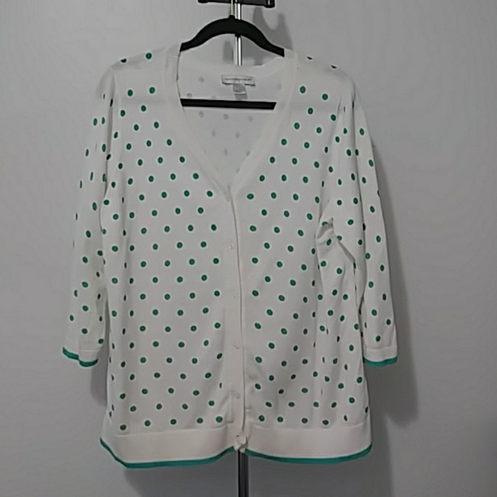 Christopher&Banks White\ Teal Polka Dot Cardigan L